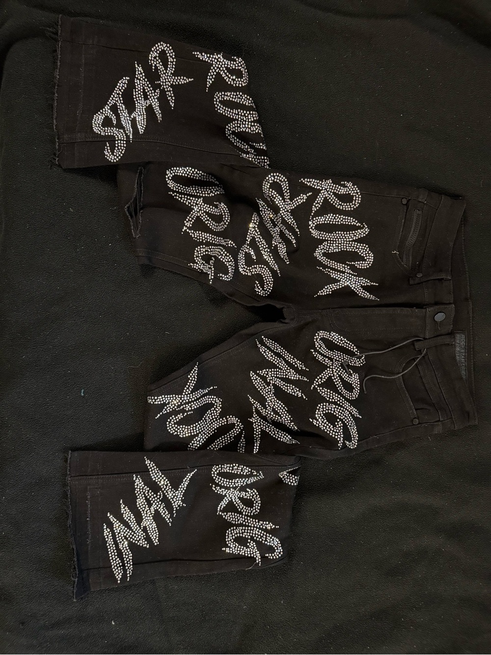 Black Wide-Leg Jeans with Crystal Script Embellishment